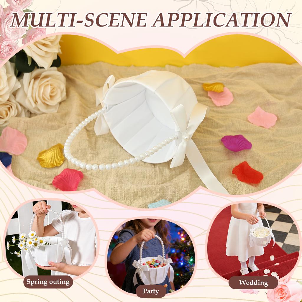 2Pcs Wedding Flower Girl Basket Bowknot Satin Western Rustic with Faux Pearl Handle For Bride/Kids Wedding Ceremony Decorations