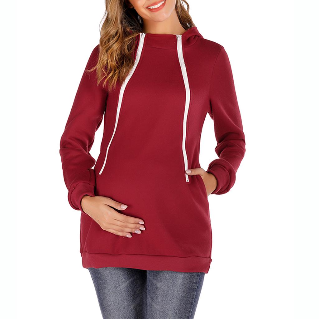 Women Maternity Zipper Long Sleeved Hooded Collar Blouse Sweatshirt