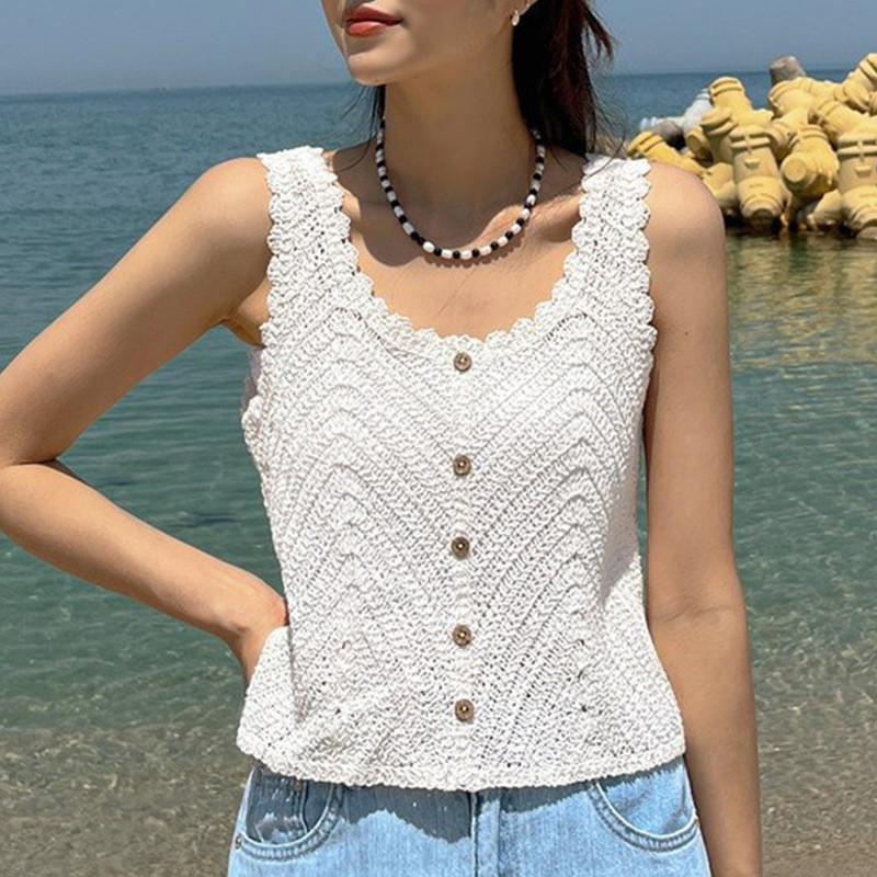2026 New Korean Style Sweet Temperament Crochet Camisole Summer Vintage Solid Color Sleeveless Top Versatile Casual Vest for Women