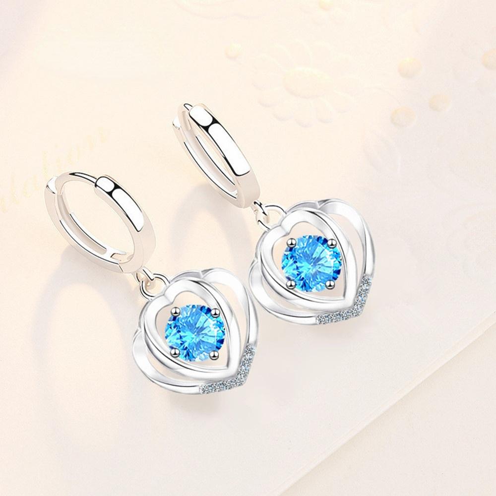 925 silver new women's fashion jewelry high quality blue pink crystal zircon simple heart-shaped earrings