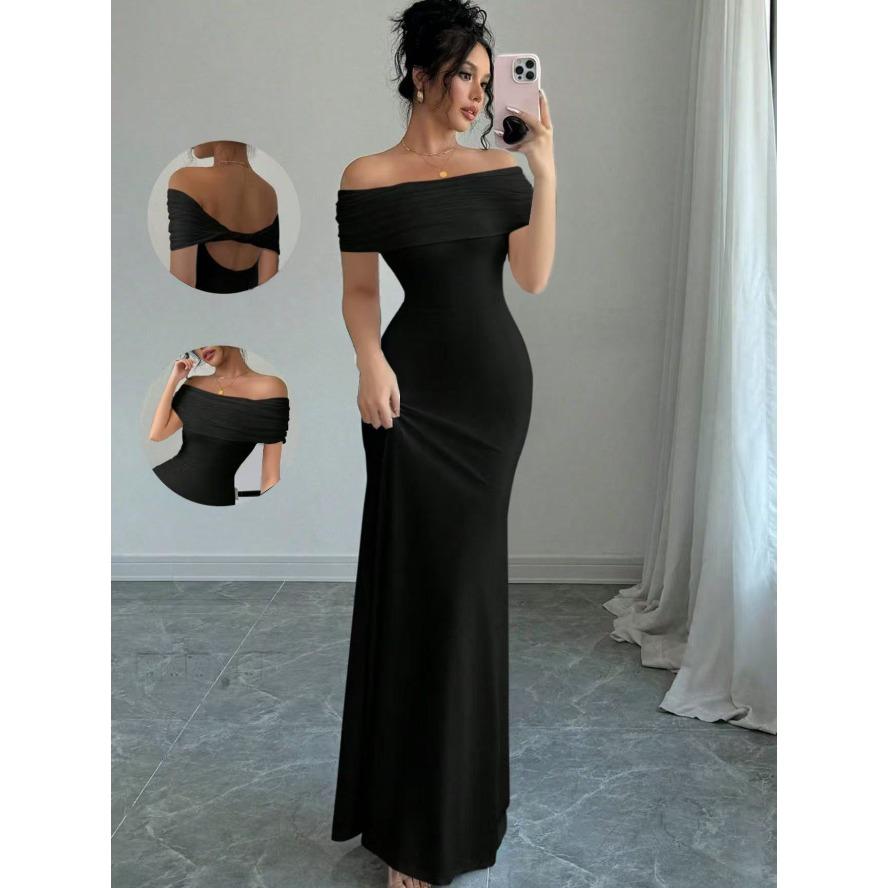 YYFS Women's Fashion Summer Spring Solid Color Print Short Sleeve One Shoulder High Waist Casual Dresses