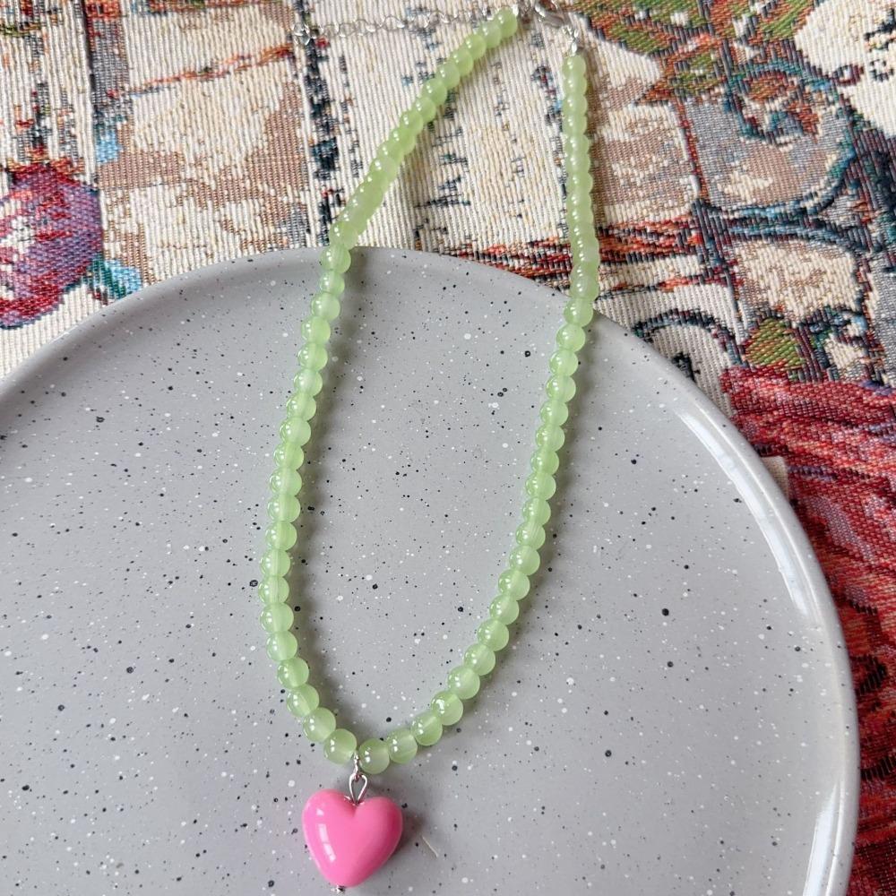 Candy Color Dopamine Heart Pendant Necklace Glass Beaded Beads Neck Chain Choker Necklace  For Girl