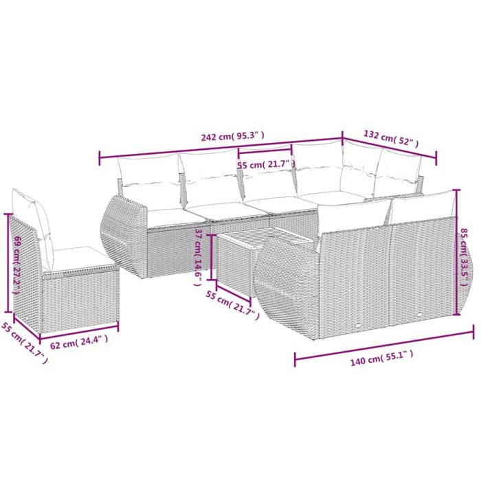 VidaXL Garden Lounge Set with Cushions 9 Pcs, Patio Sofas, Furniture Set, Outdoor Terrace Furniture, Black 3257428