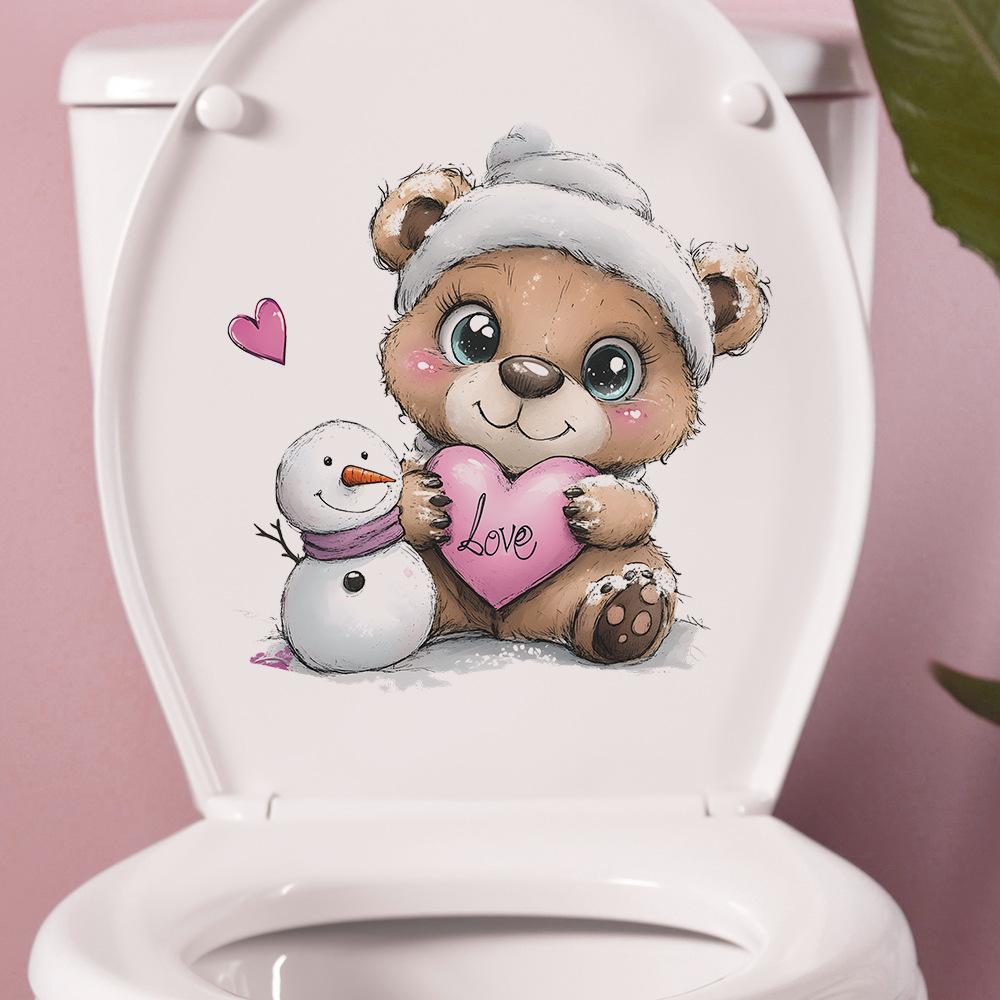 Baby Bear Heart Snowman Toilet Wall Sticker Self-Adhesive Removable Bathroom Cute Home Decor Art