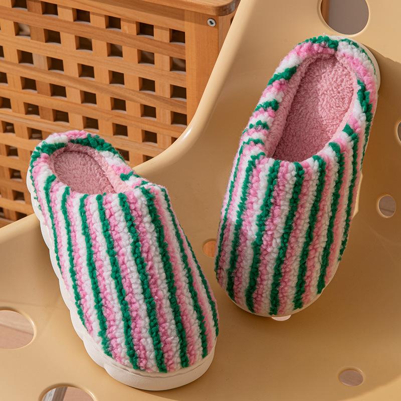 Winter New Cotton Slippers Indoor Home Non-slip Piled Warm Couple Plush Colored Vertical Strip Cotton Mop