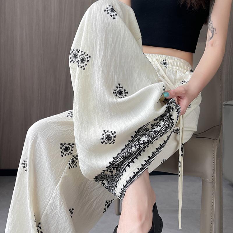 Summer Women Vintage Print Cotton And Linen Thin High Waist Wide Leg Pant Trouser For Girl