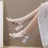Foreign trade sandals 2025 new women's summer white high heels classic thick heel wedding shoes pearl word belt large size shoes 43