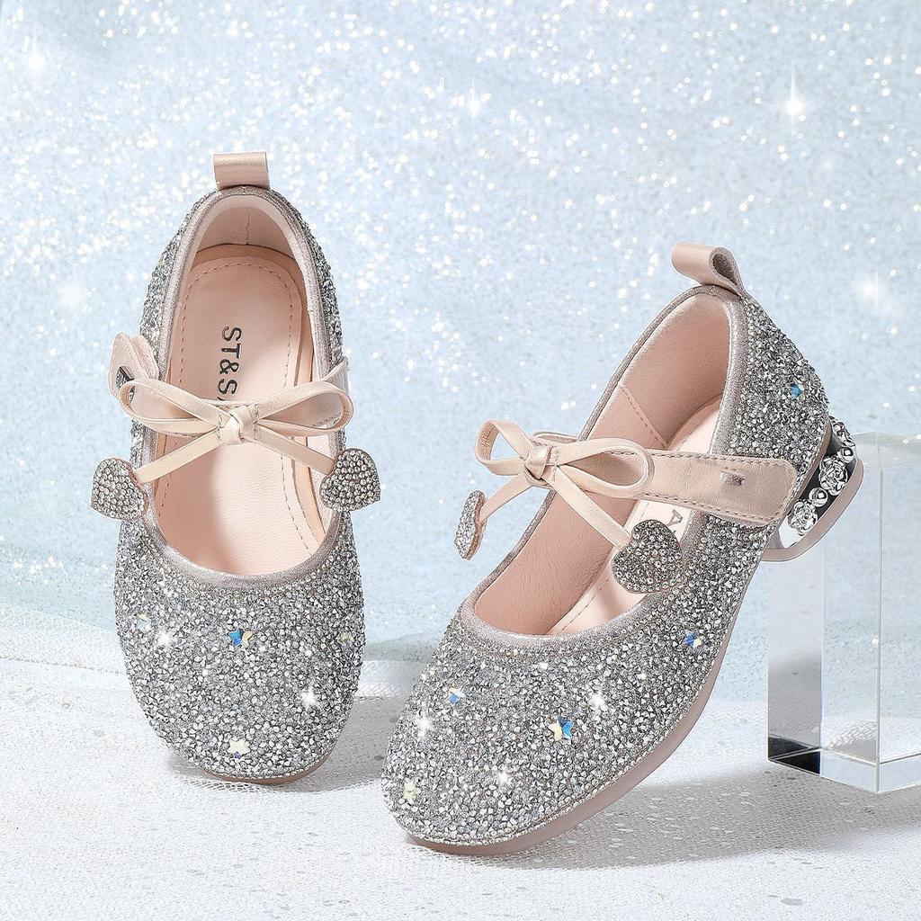 Girls Princess Shoes Children's Sparkling Shoes Autumn Soft Sole Little Girls Single Shoes Small High Heels Crystal Leather Shoes