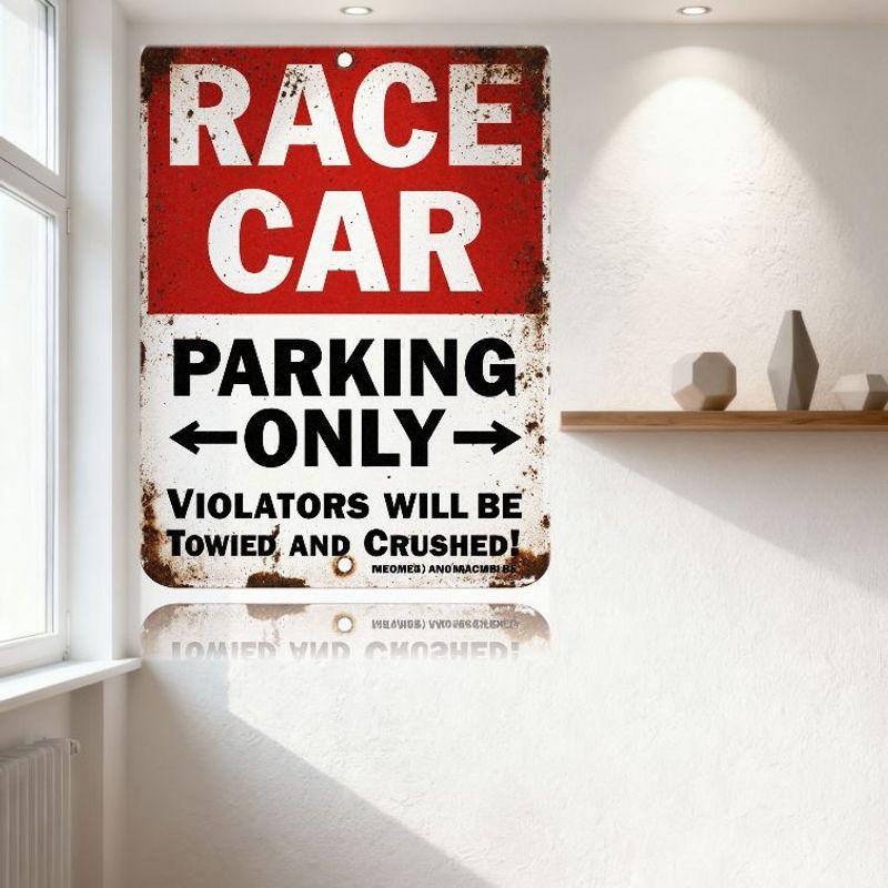 Vintage Race Car Parking Only Metal Sign, Rustic Distressed Metal Tin Sign with Warning Text for Bar Garage Man Cave Wall Decor,