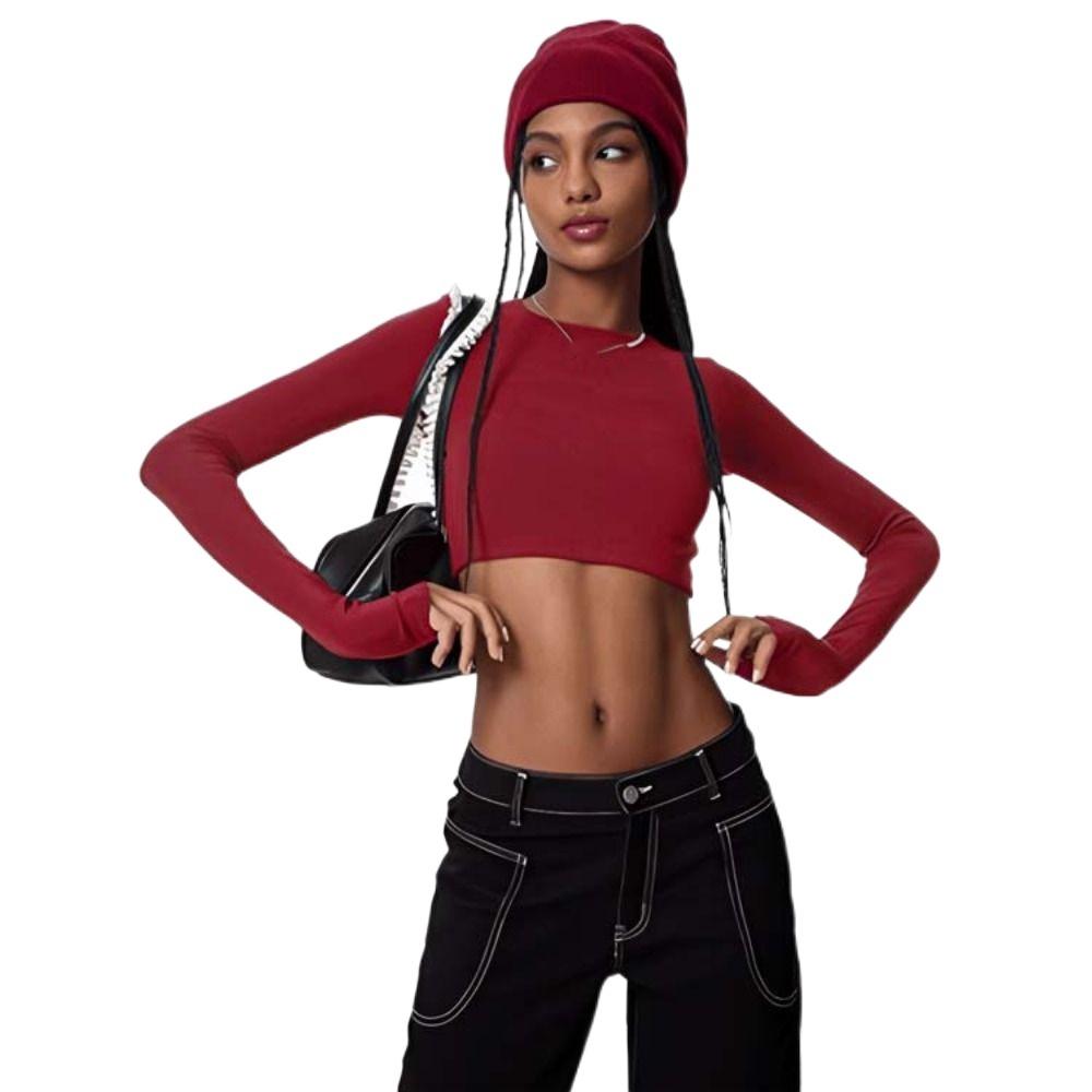 

Elastic Backless T Shirts Lacing Up Slim Crop Top Sweat Absorption Bottoming Shirts Dance M brick червоний колір