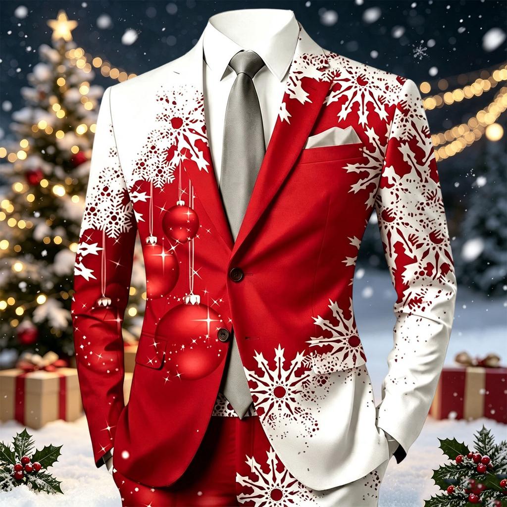 Męska marynarka garniturowa z świątecznym nadrukiem i klapami, do stylu business casual, z długim rękawem, na jesień i zimę (Krawat i akcesoria do kieszeni nie są wliczone)