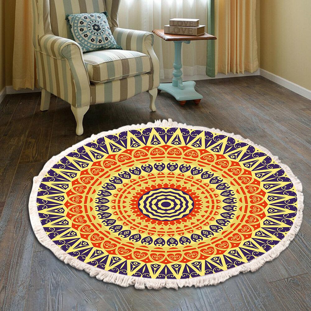 Nordic Round Carpets Bohemia Ethnic Tassel Yellow Mandala Carpet Living Room Cotton Linen Big Rugs Modern Classic 120cm Mats