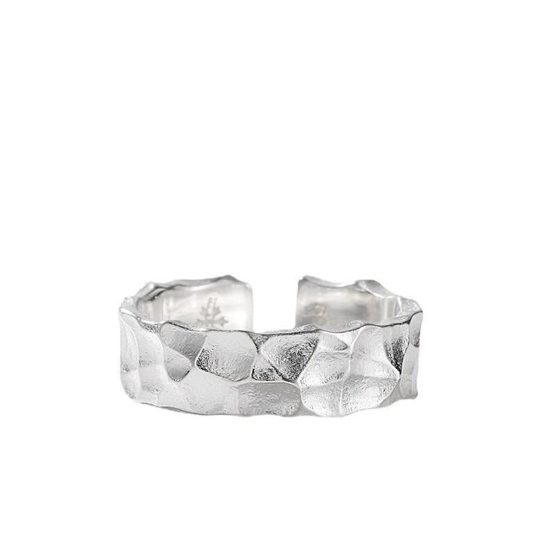 Sterling Silver Retro Men's Open Ring with Cracked Hammered Texture