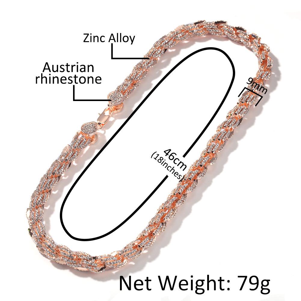 

Хип-хоп Сплав Инкрустированное бриллиантами 9мм Золотое крученое ожерелье Преувеличенное мужское ожерелье Несколько спецификаций 16inch