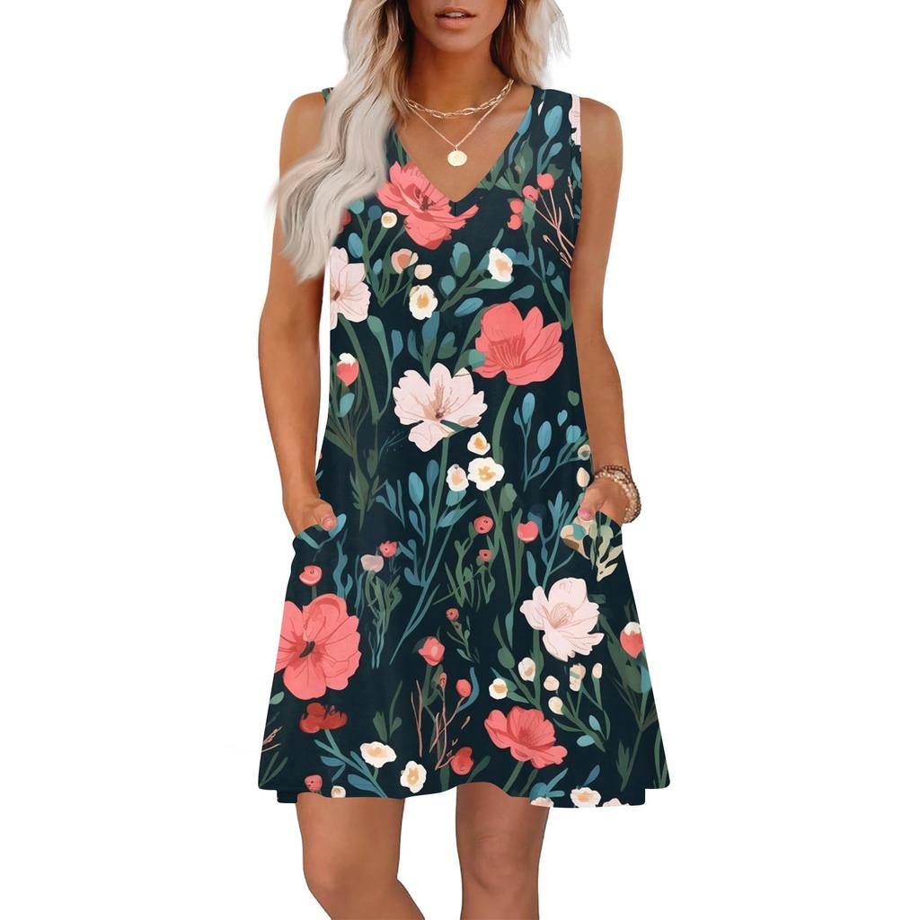 Women's Summer Dresses Loose Fit Printed V Neck Sleeveless Sundresses Beach Hawaiian Dress With Pockets