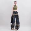 American Vintage Washed Five-Point Star Frayed Hem Jeans for Women High Street Niche Oversized Straight Leg Long Pants