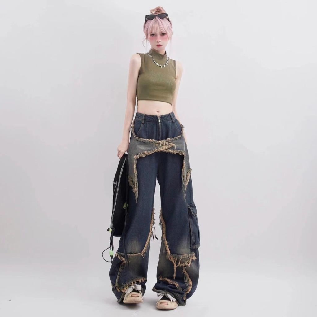 American Vintage Washed Five-Point Star Frayed Hem Jeans for Women High Street Niche Oversized Straight Leg Long Pants