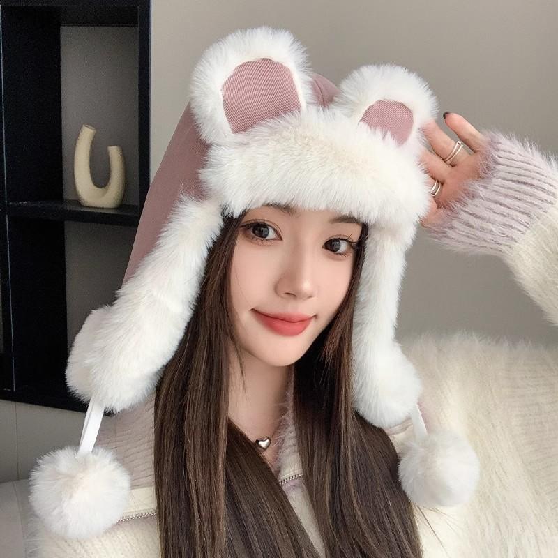 Cute Hat Female Winter Warm Lei Feng Hat Ear Protector Hairball Plush Hat Big Head Circumference Hat