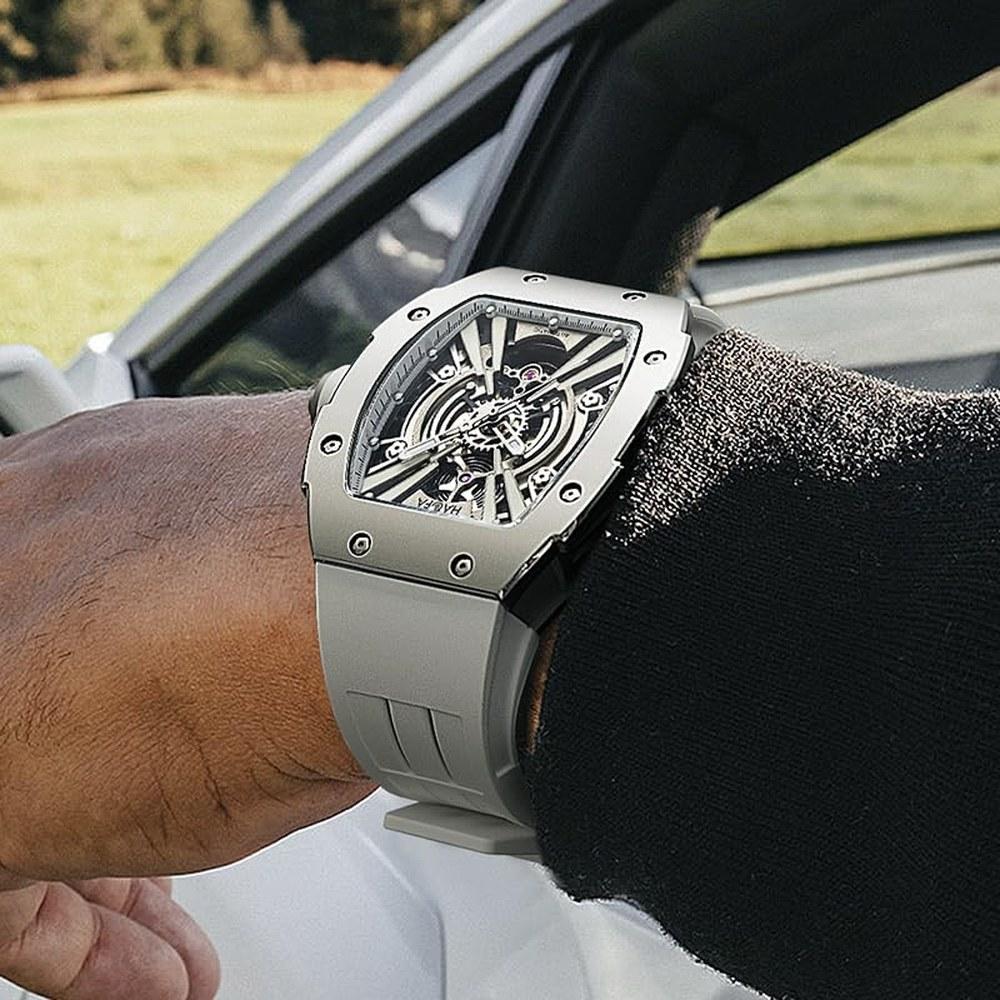 Haofa Skeleton Automatic Wristwatch Men 316L Stainless Steel Barrel Tonneau Business Fashion Gift