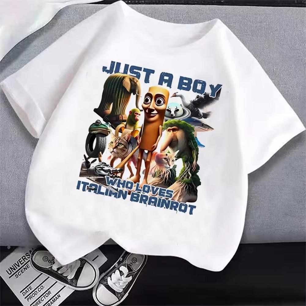 Italian Brainrot T-Shirt Kids Cartoon Anime Print Clothes Round Neck Basic Boys Tops Absorbent Casual Shirts Gift