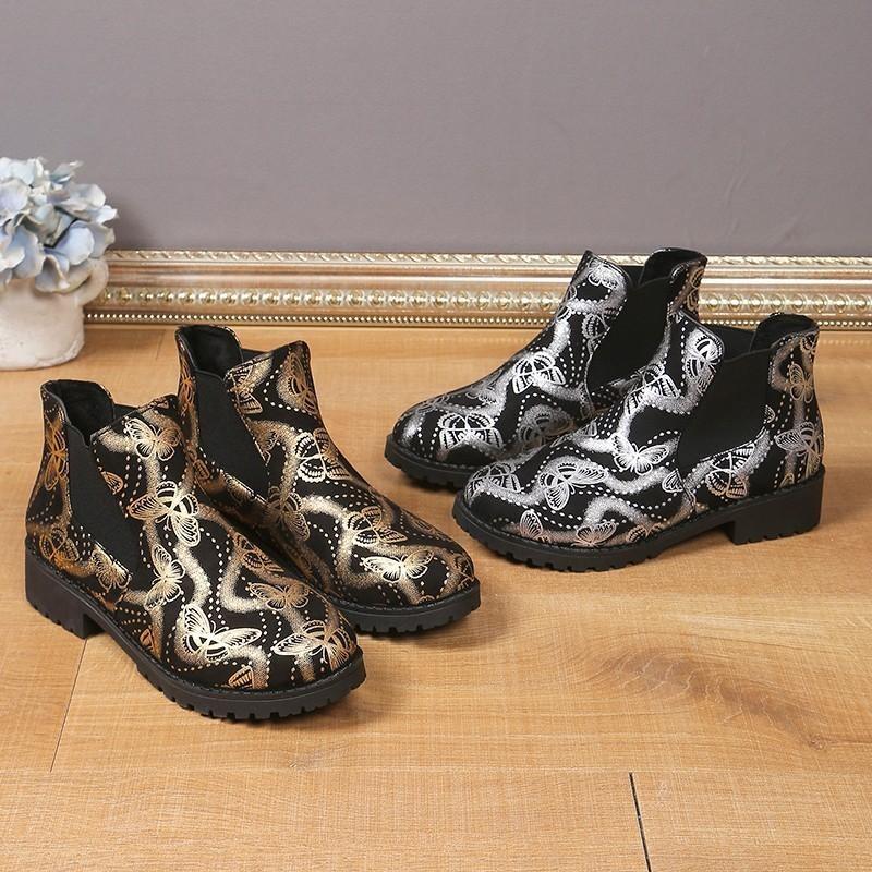 Printed Butterfly Casual Women's Boots 2024 New Square Heel Elastic Hoops, Large Size Short Sleeve Fashion Boots