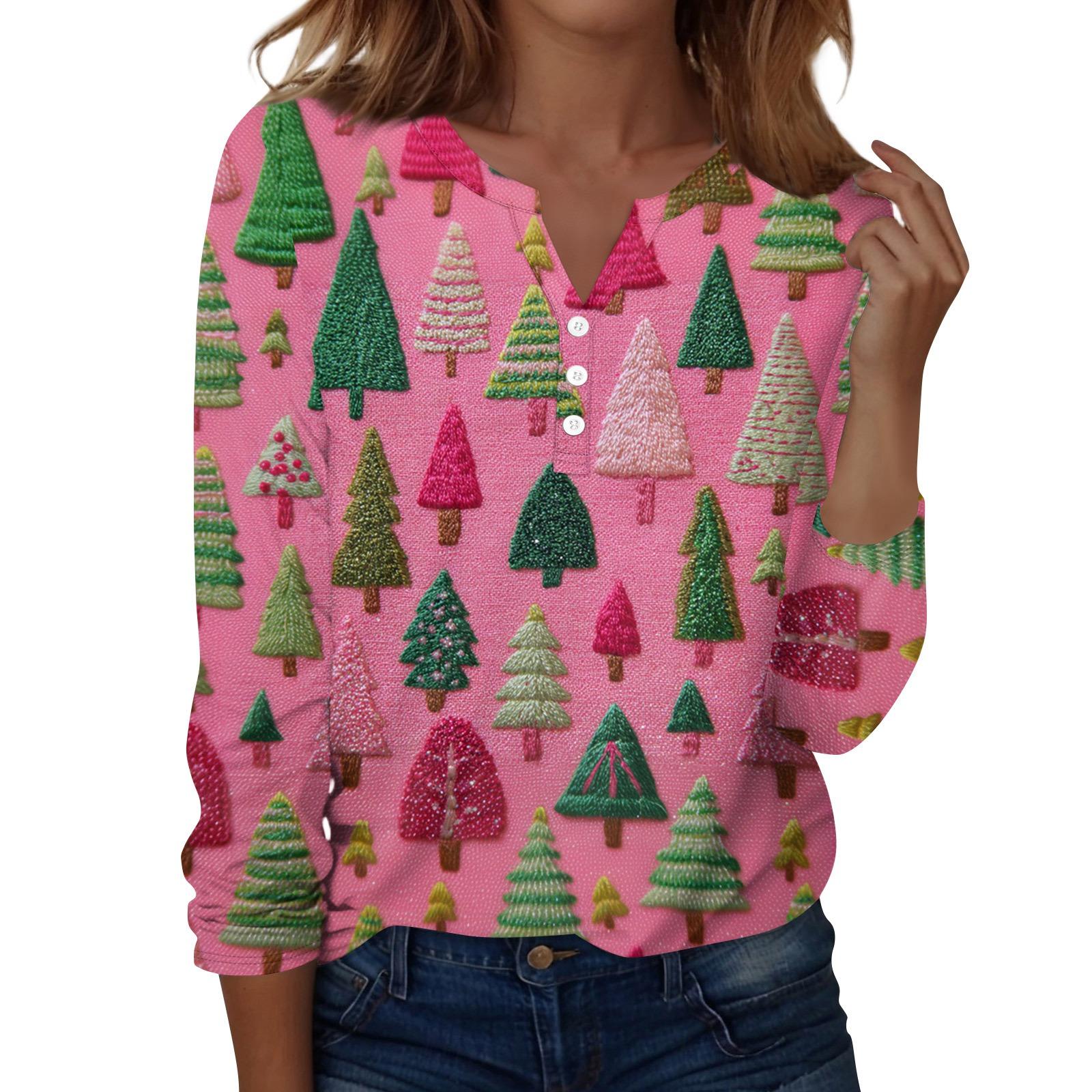 

Женская мода Повседневная футболка с V-образным вырезом, длинными рукавами и декоративными пуговицами M