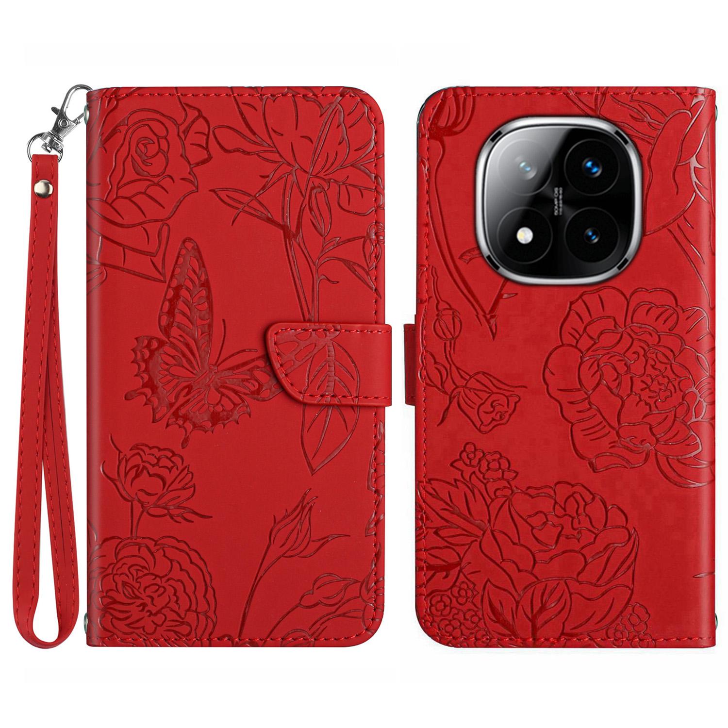 

For Xiaomi Redmi Note 14 Pro+ 5G/14 Pro 5G/Poco X7 5G Case Leather Phone Cover with Strap,Butterfly Flower Imprint Red