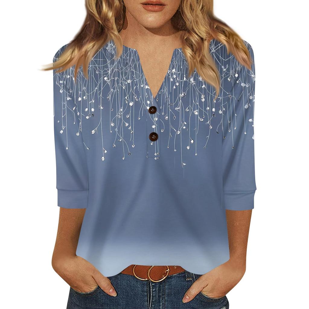 Women's T Shirt Print Button 3/4 Sleeve Daily Weekend Fashion Basic V- Neck Regular Top