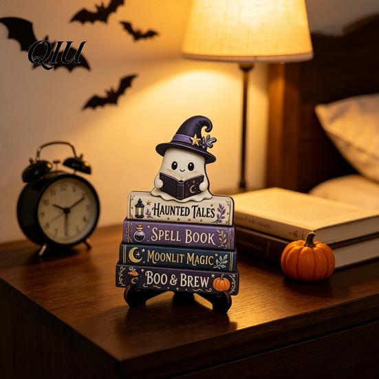 Halloween Party Tabletop Centerpieces Reading Ghost Figurine, Wooden Desktop Ornaments, Vintage Pumpkin Decor Statue with Stand for Home Fireplace