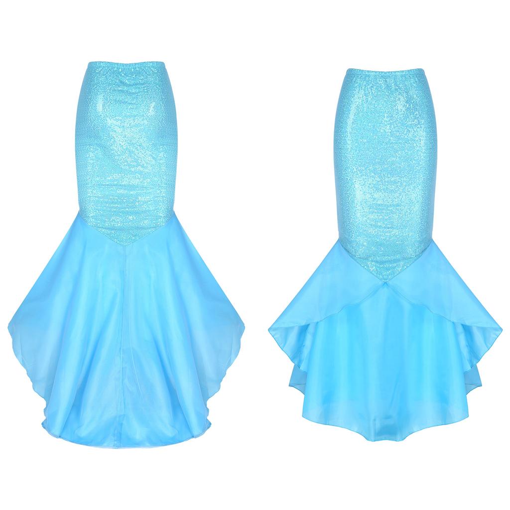 Women Mermaid Role Play Costumes Sequins Tulle Tail Skirts Shiny Princess Skirt Long Mermaid Tail Halloween Party Dress