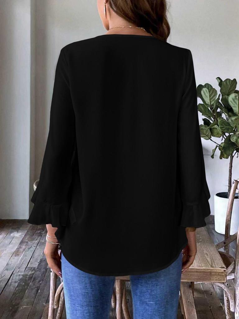 Women's Bell Sleeve V-Neck Loose Pullover - Solid Color