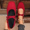 Double Buckle Red Ballet Flats Women 2026 Brand Designer Square Toe Mary Jane Shoes Woman Faux Suede Casual Shoes Female