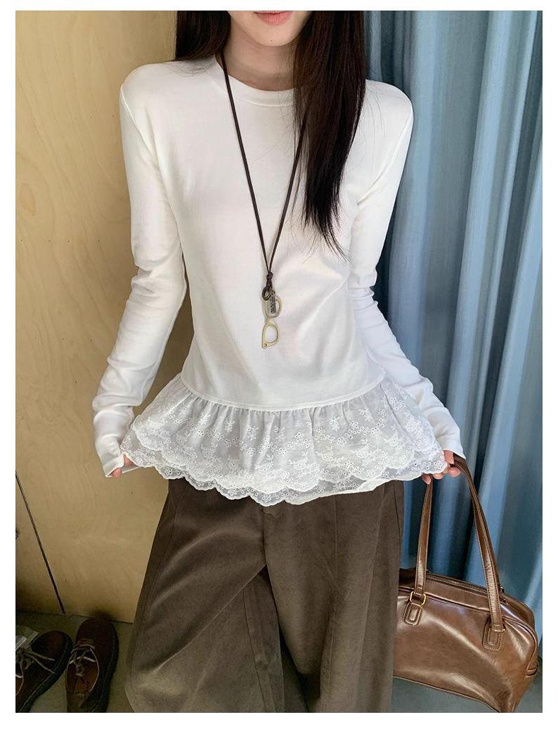 White Lace Trim Long-Sleeve Slim Fit Top - 2025 Autumn/Winter Collection M