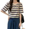 Short Sleeve T-Shirt Women's Black Stripe Summer Loose Inner Hong Kong Style Retro Embroidery Design Skinny Crew Neck Top