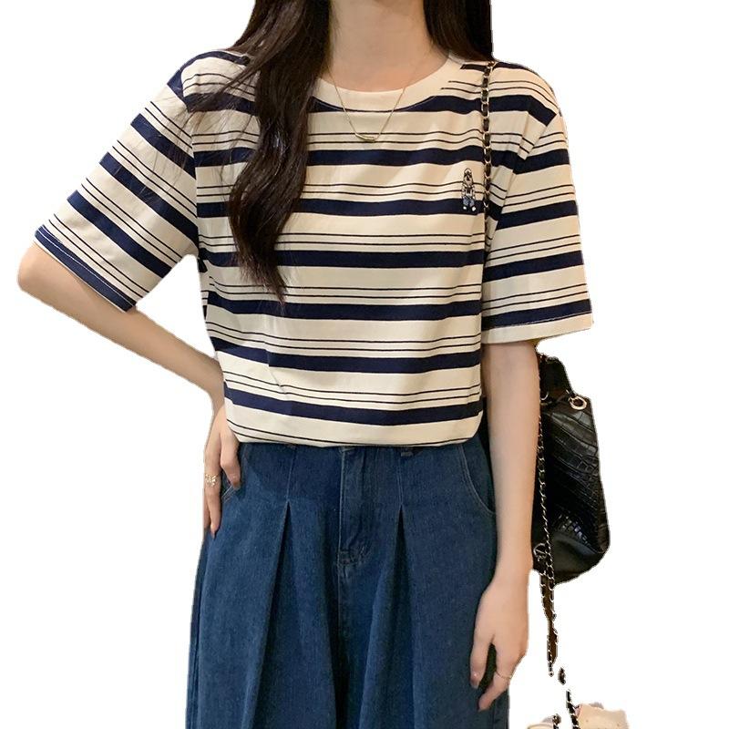 Short Sleeve T-Shirt Women's Black Stripe Summer Loose Inner Hong Kong Style Retro Embroidery Design Skinny Crew Neck Top