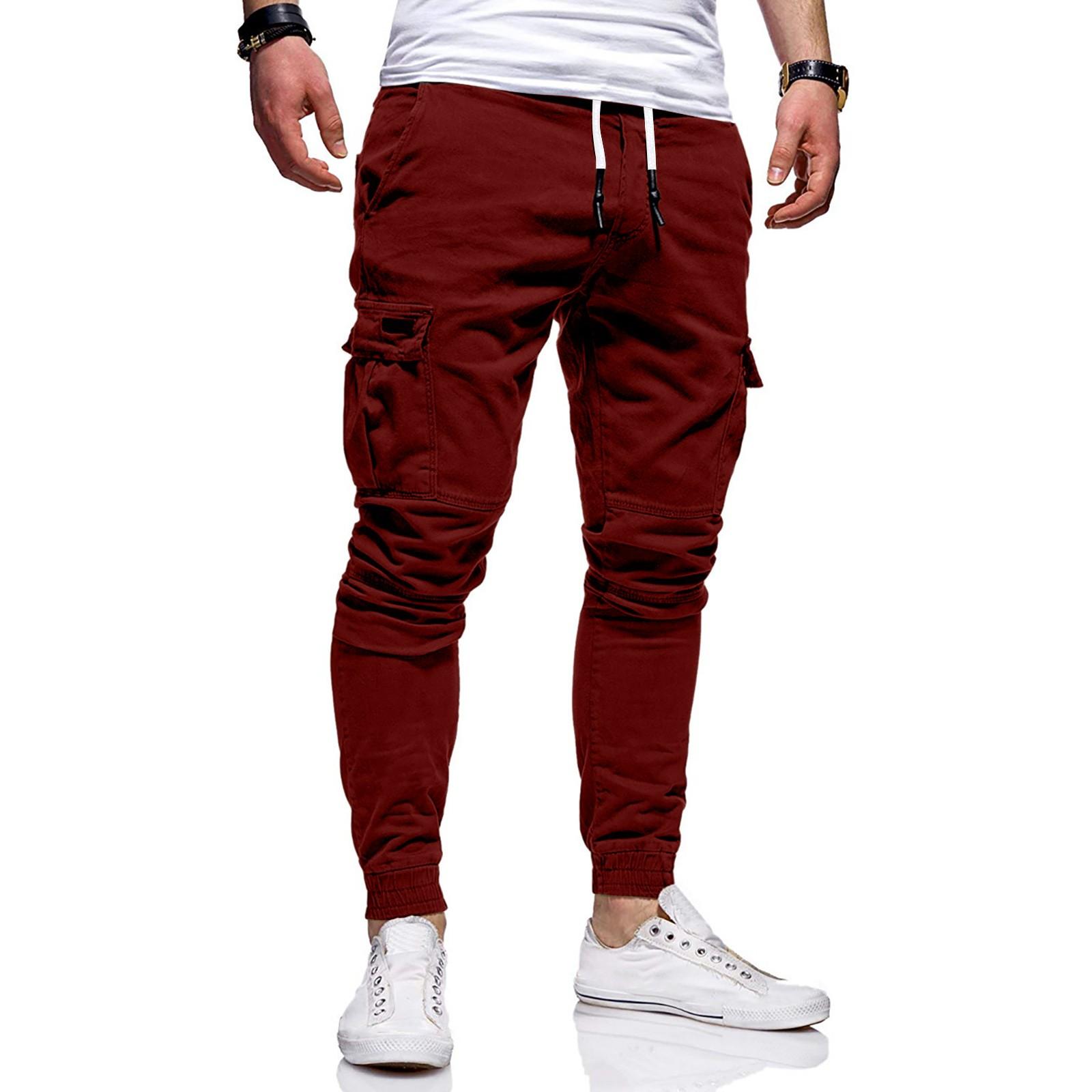 

Men s Loose Casual Multi-pocket Work Pants, Youth Stretch Waist Drawstring Pants XXXL винний
