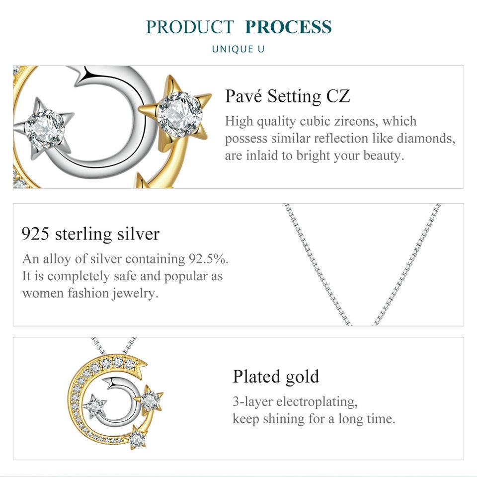 BAMOER 925 Sterling Silver Gold Meteor Pendant Necklace Moon and Star Neck Chain for Women Birthday Gift Fine Jewelry