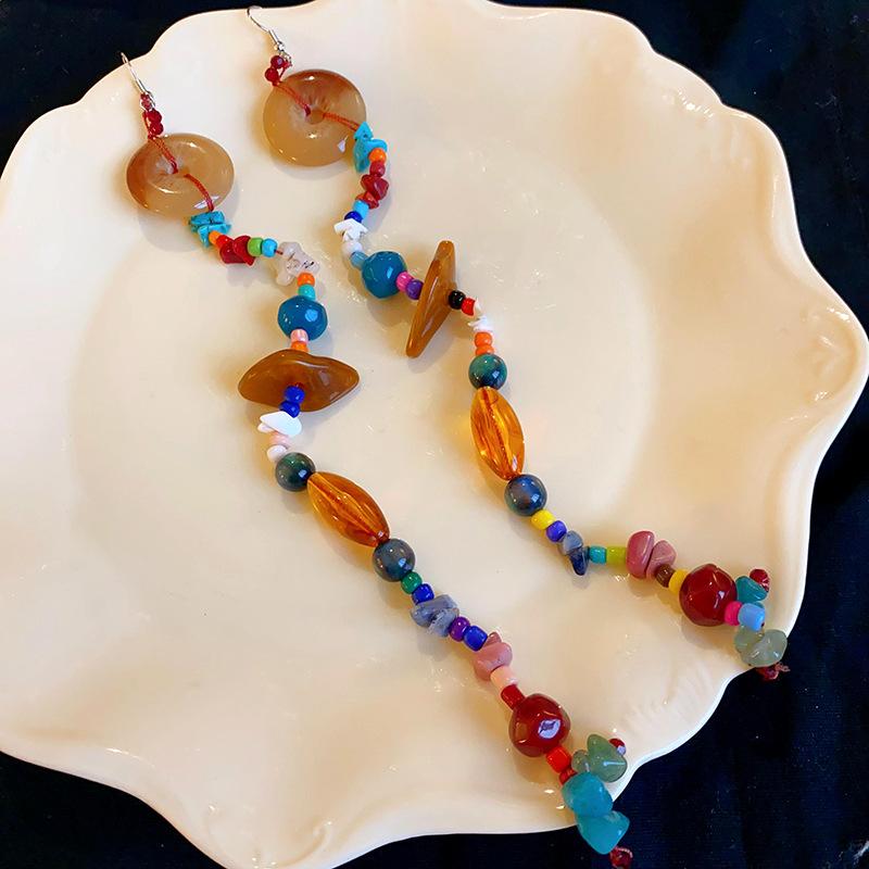 

Dopamine contrasting color natural stone rice beads long ear hooks ethnic style retro exaggerated earrings personalized fashion earrings women