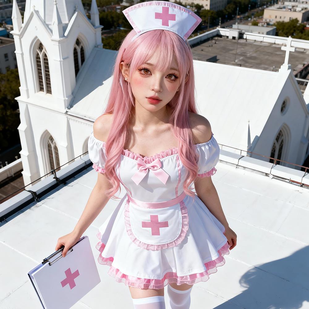 Women's Carnival Japanese Anime Nurse Lolita Dress Set for Women, Sexy Sweet Cute Style (Dress+Apron+Hair Accessory)