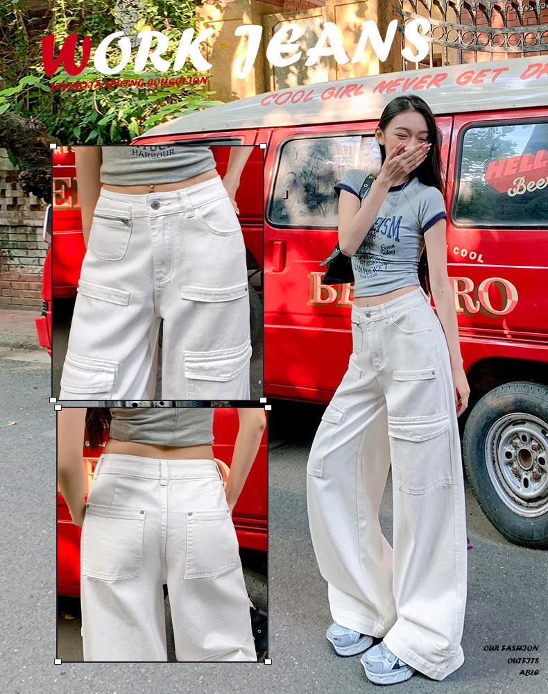 American Casual Overalls Women's Summer New Design Sense Multi-pocket High-waisted Loose Straight Wide-leg Pants