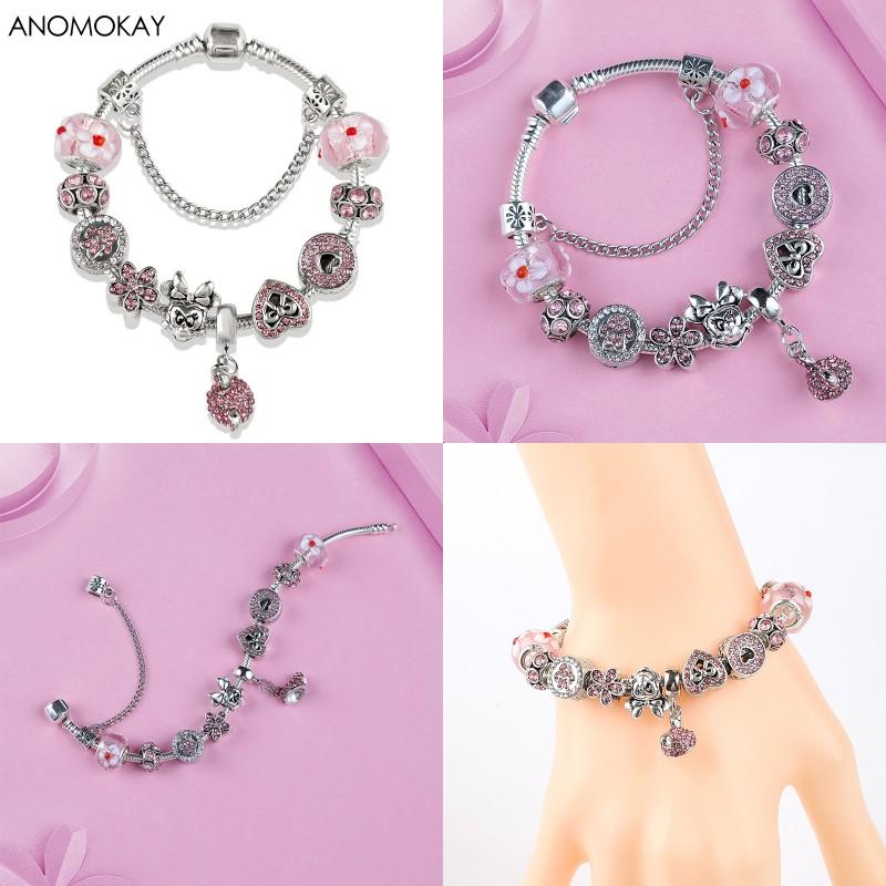 Potdemiel Pink Enamel Crystal Minnie Charm Bracelets Silver Color Heart Cartoon Bead Jewelry for Women Girl Gift