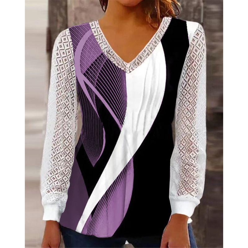 

и Американский Экспортный Женский Осенний Наряд Ажурная Рубашка с Длинным Рукавом Свободная Модная Повседневная Футболка Топ Темпераментная Футболка Большого Размера Футболка Purple L (Bust size 100)