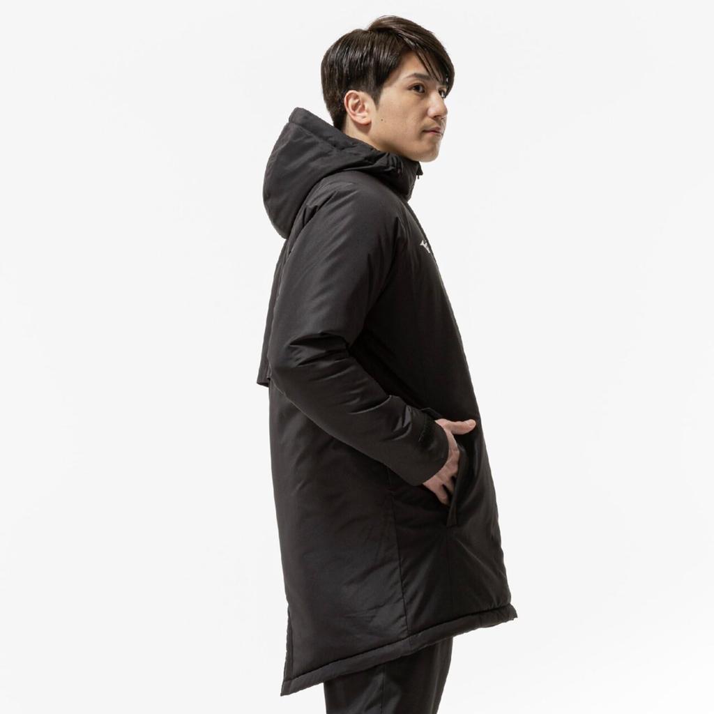 Mizuno Breath Thermo Insulated Training Black Mid-Length Coat, Heat-Generating Material, Water-Repellent, Windproof, 32MEC650,