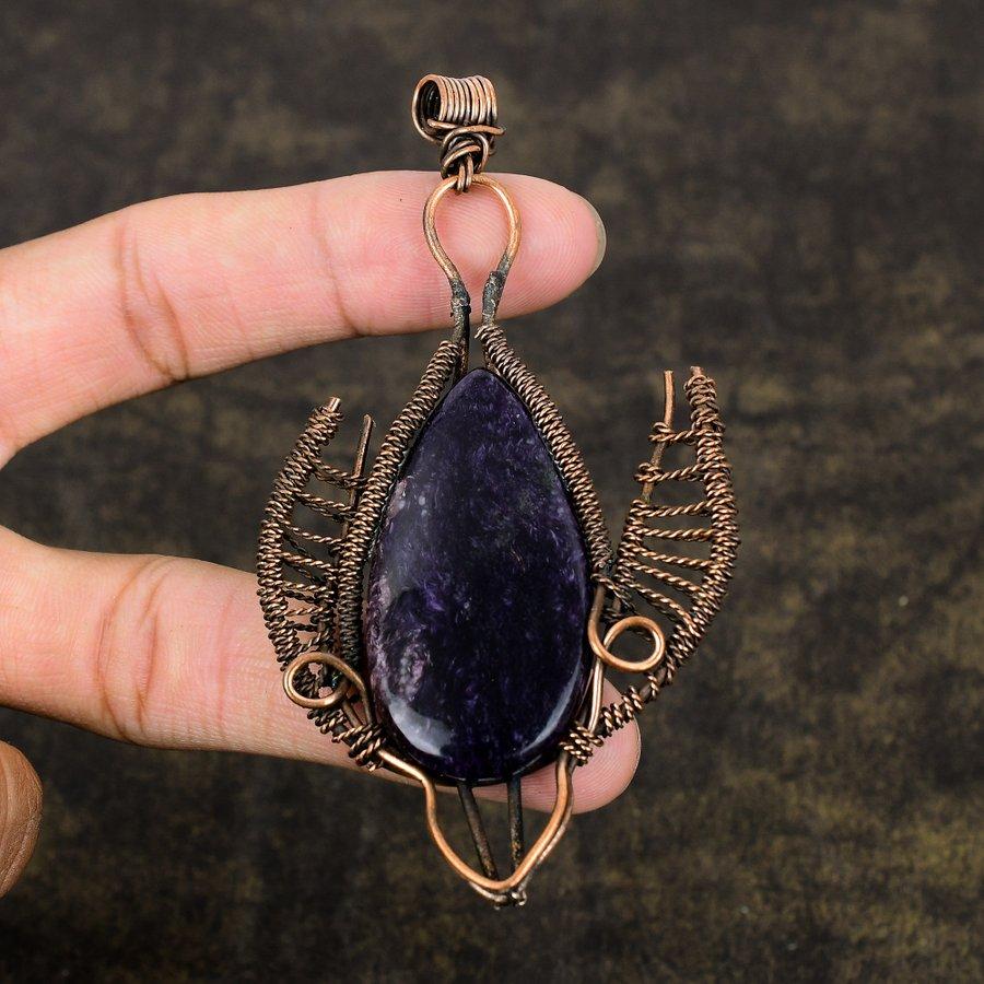 Natural Russian Charoite Gemstone Copper Wire Wrap Gift Pendant 3.94" w0C19