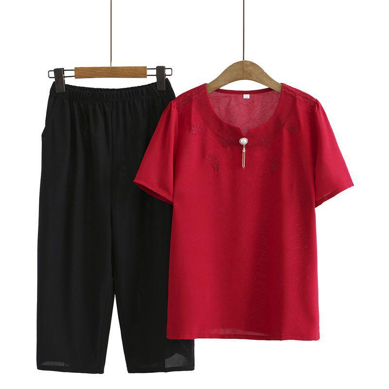 Stylish Spring Two-Piece Set for Middle-Aged Women - Loose Short-Sleeved Top & Bottom