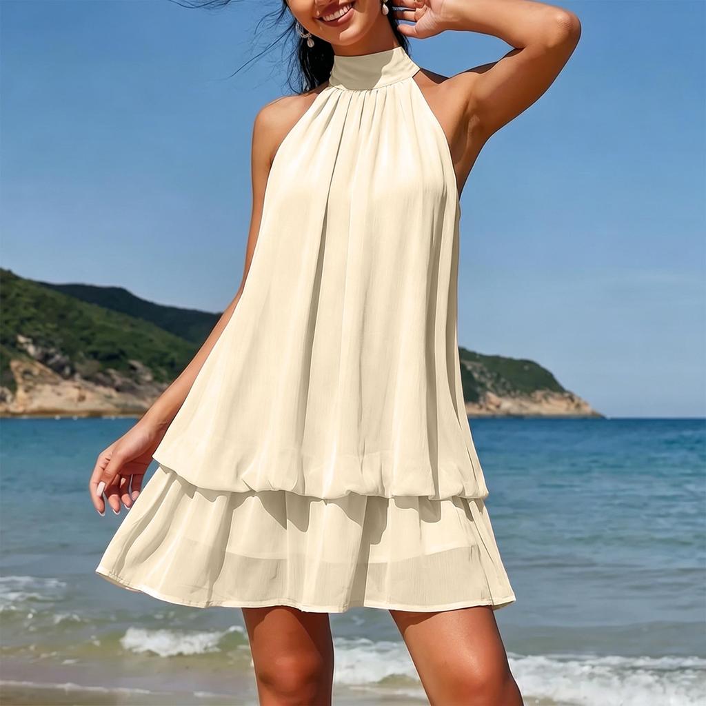 Sleeveless Halter Neck Mini Dress with Layered Hem and Loose Fit for Women Suitable for Various Occasions