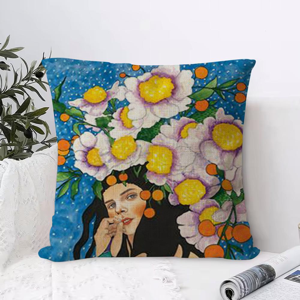 Abstract Girl Hair Flower Cushion Cover Breathable Linen Pillow Cover SkinFriendly Home Decor Pillowcase with Hidden Zipper
