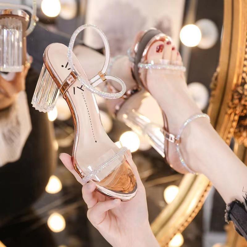 Crystal high heels women s 2026 new transparent one-word strap sandals fairy style high heel thick heel summer 34