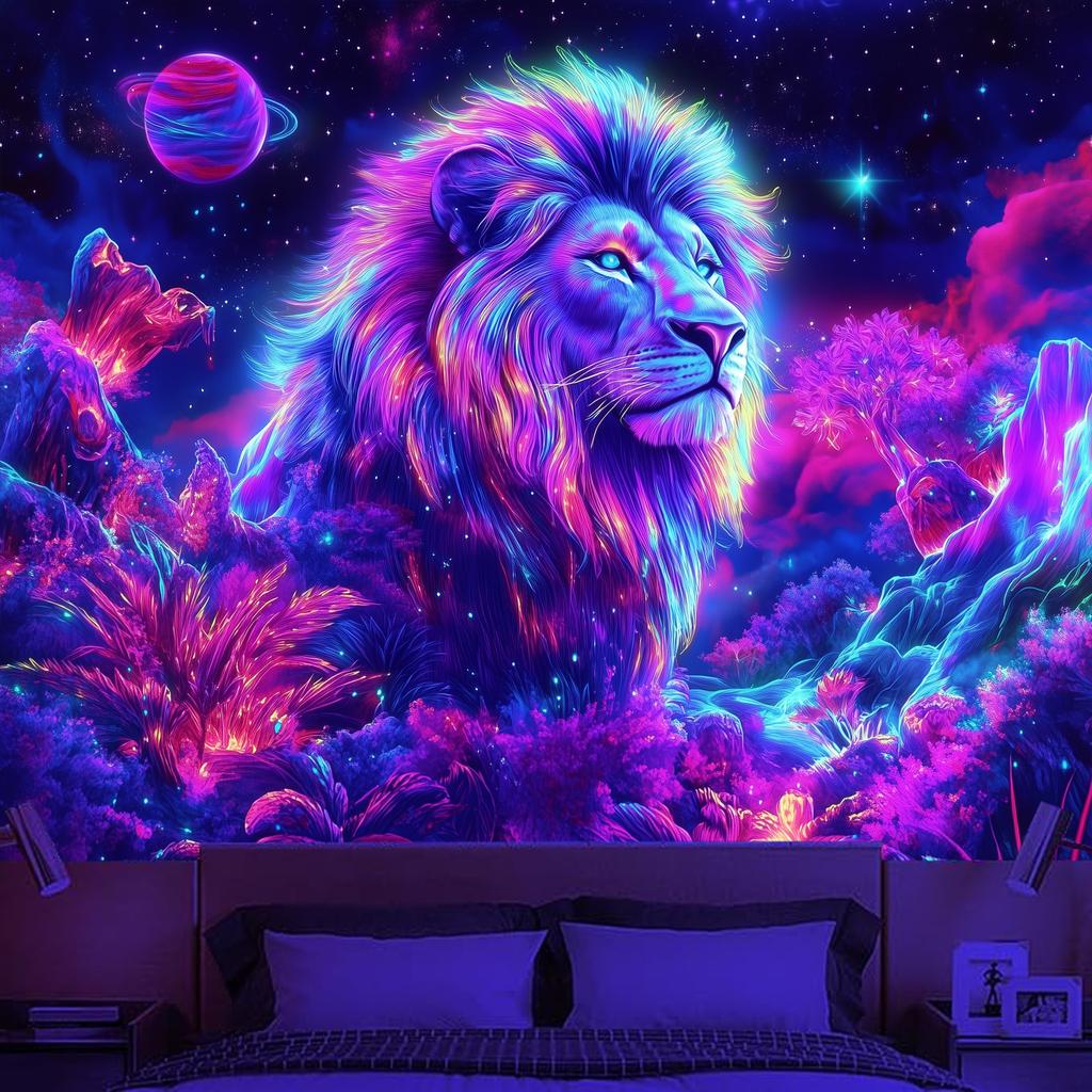Neon Floral Lion View  Fluorescent Tapestry Outer Space UV BlackLight Tapestry, Wall Hanging For Living Room Bedroom Office Home Decor