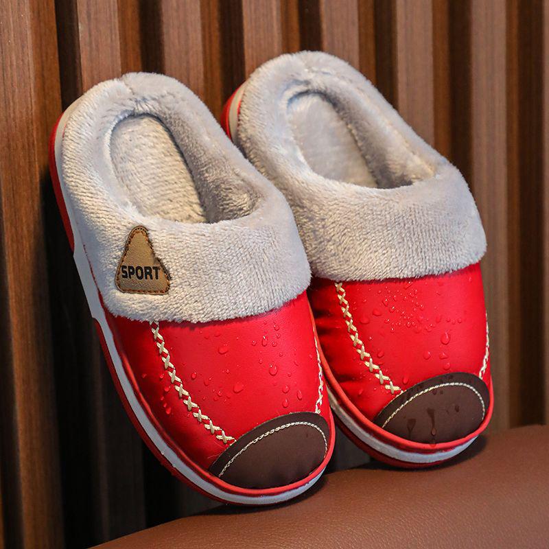 Waterproof Non-Slip Winter Warm Cotton Slippers with Velvet & PU Leather for Men, Women, & Kids